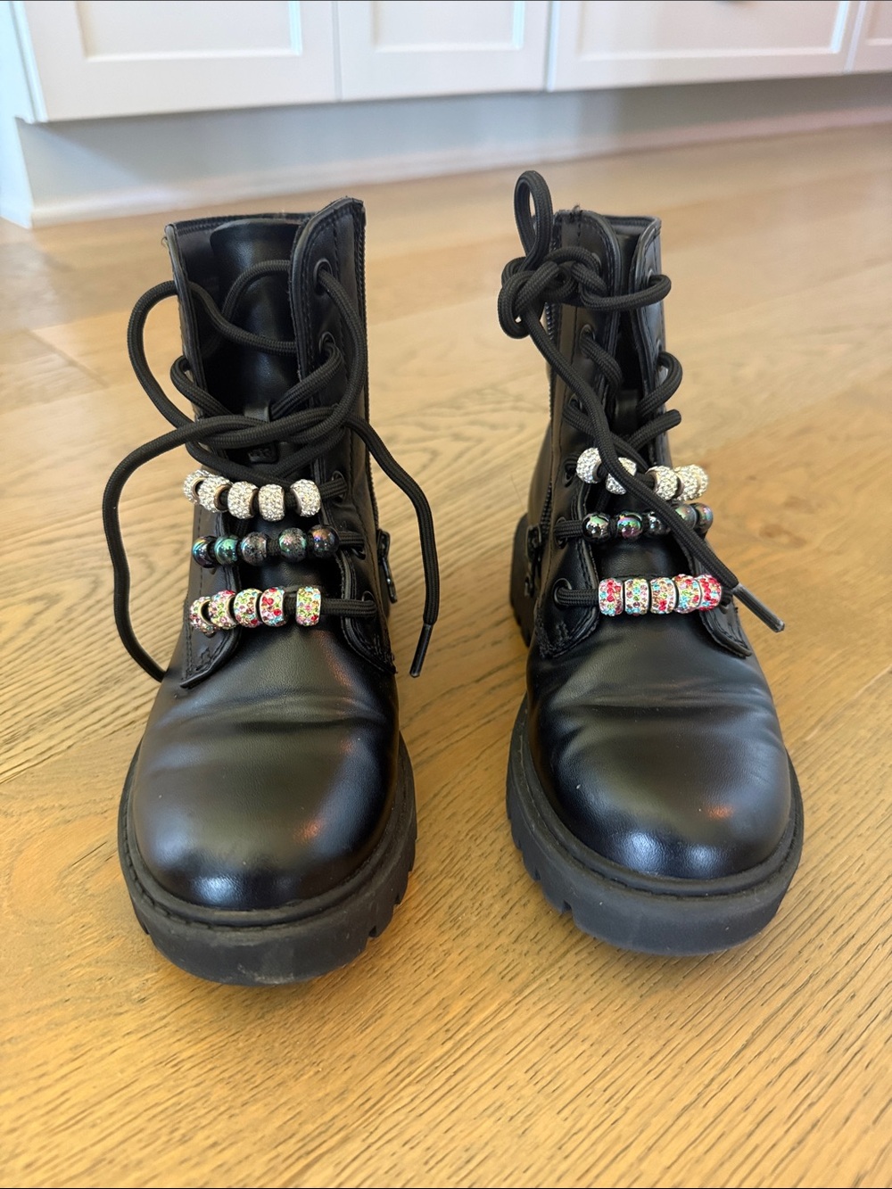 Kids Art Class Black Chunky Lace-Up Combat Boots with Beaded Accents
